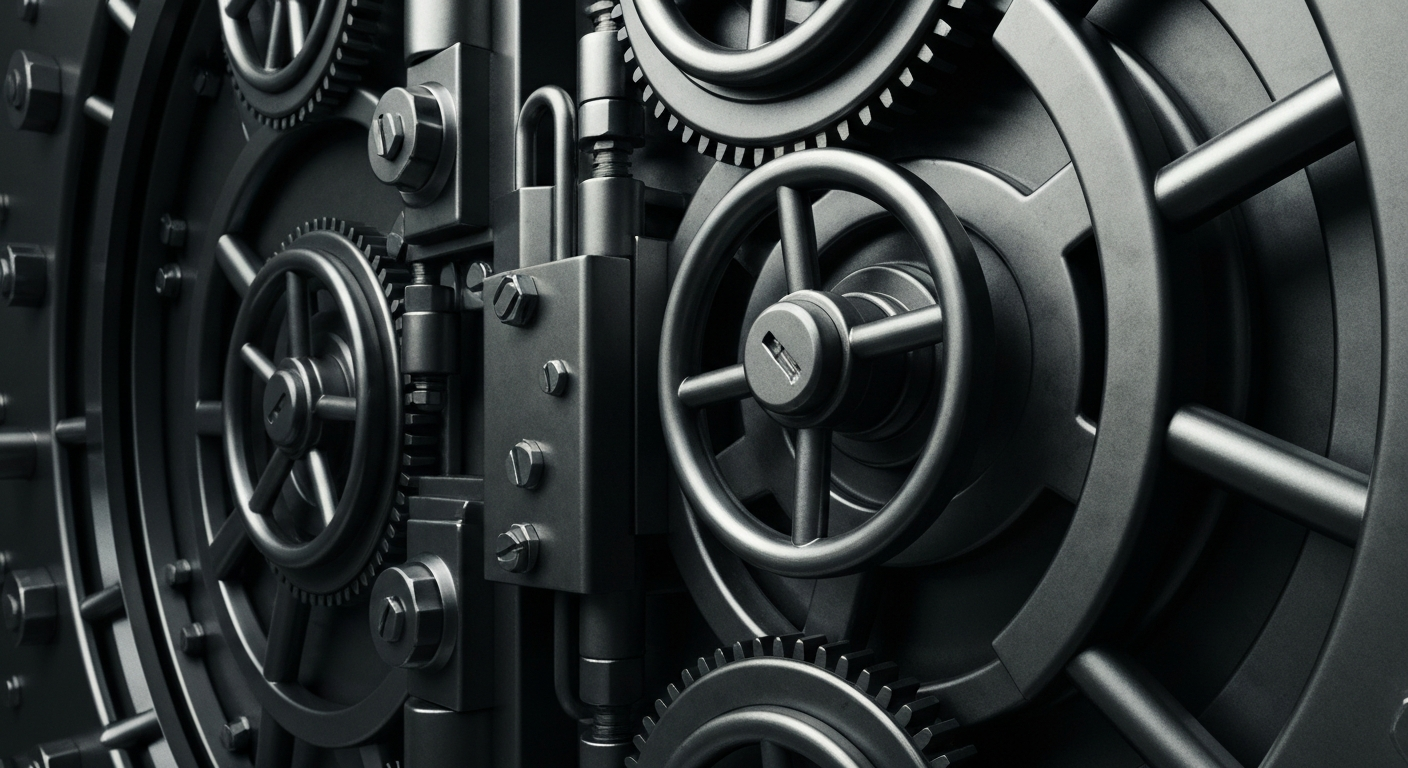 An extreme close-up of a complex bank vault mechanism, with heavy metal components and intricate gears, conveying a sense of financial security and institutional power.
