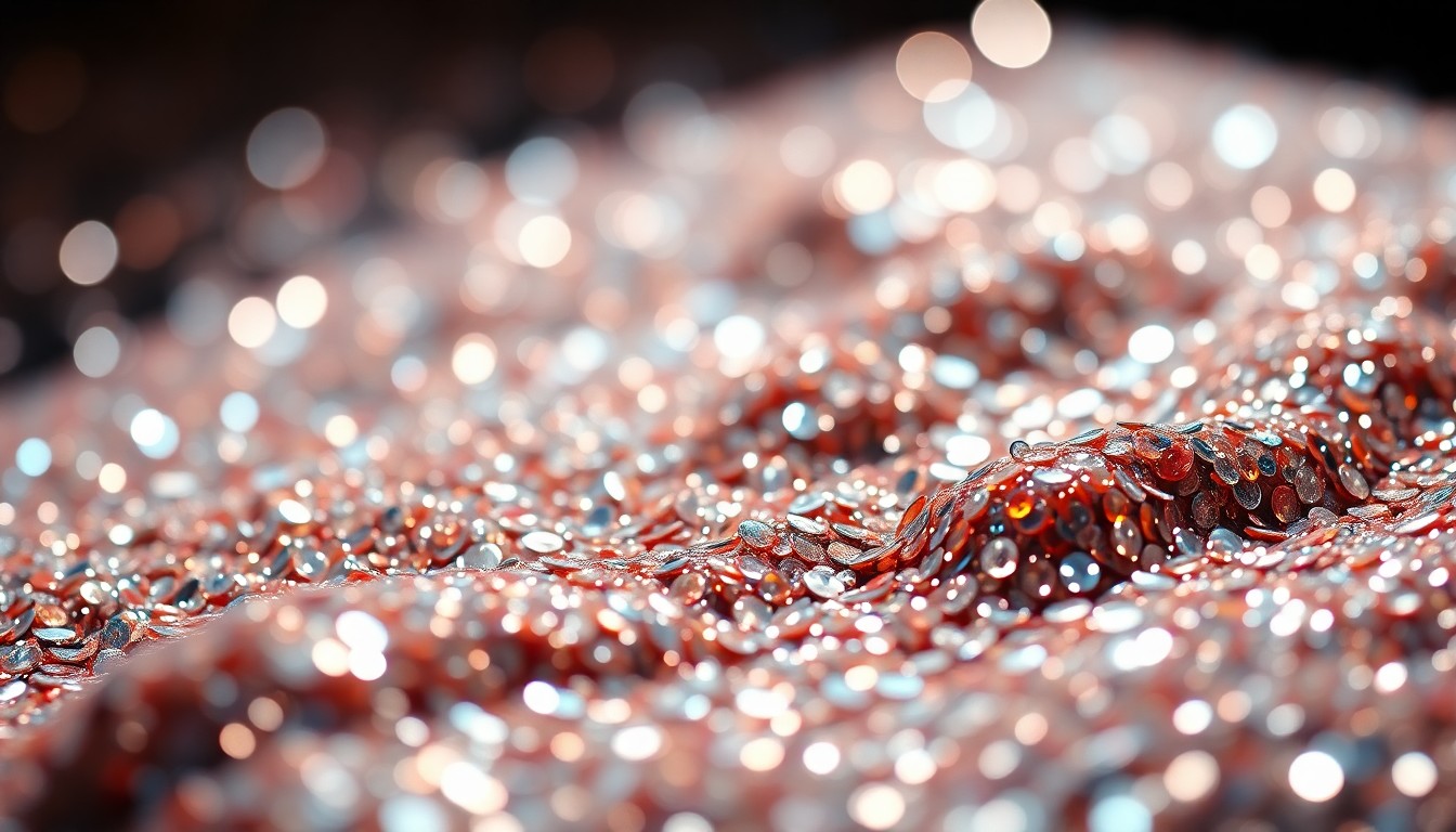 An extreme close-up photograph of shimmering, glittering sequins under dramatic studio lighting, capturing the luxurious, glamorous aesthetic of pop music culture.