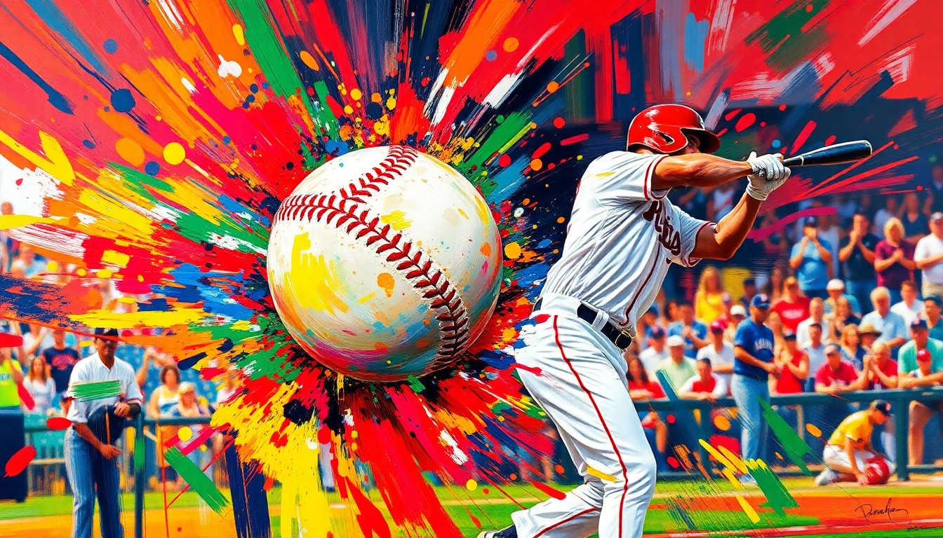 An abstract expressionist painting in vibrant neon colors capturing the dynamic motion and energy of a baseball game-winning hit, with the players and ball blurred into colorful brushstrokes.