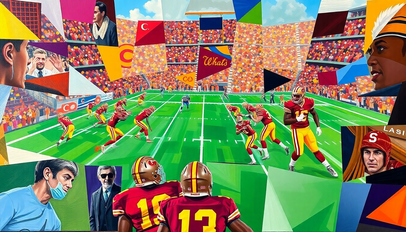 A fractured, cubist-style painting depicting an NFL Draft scene, with sharp geometric shapes and planes in the Commanders' colors of burgundy and gold, conveying the strategic decision-making around their first-round pick.