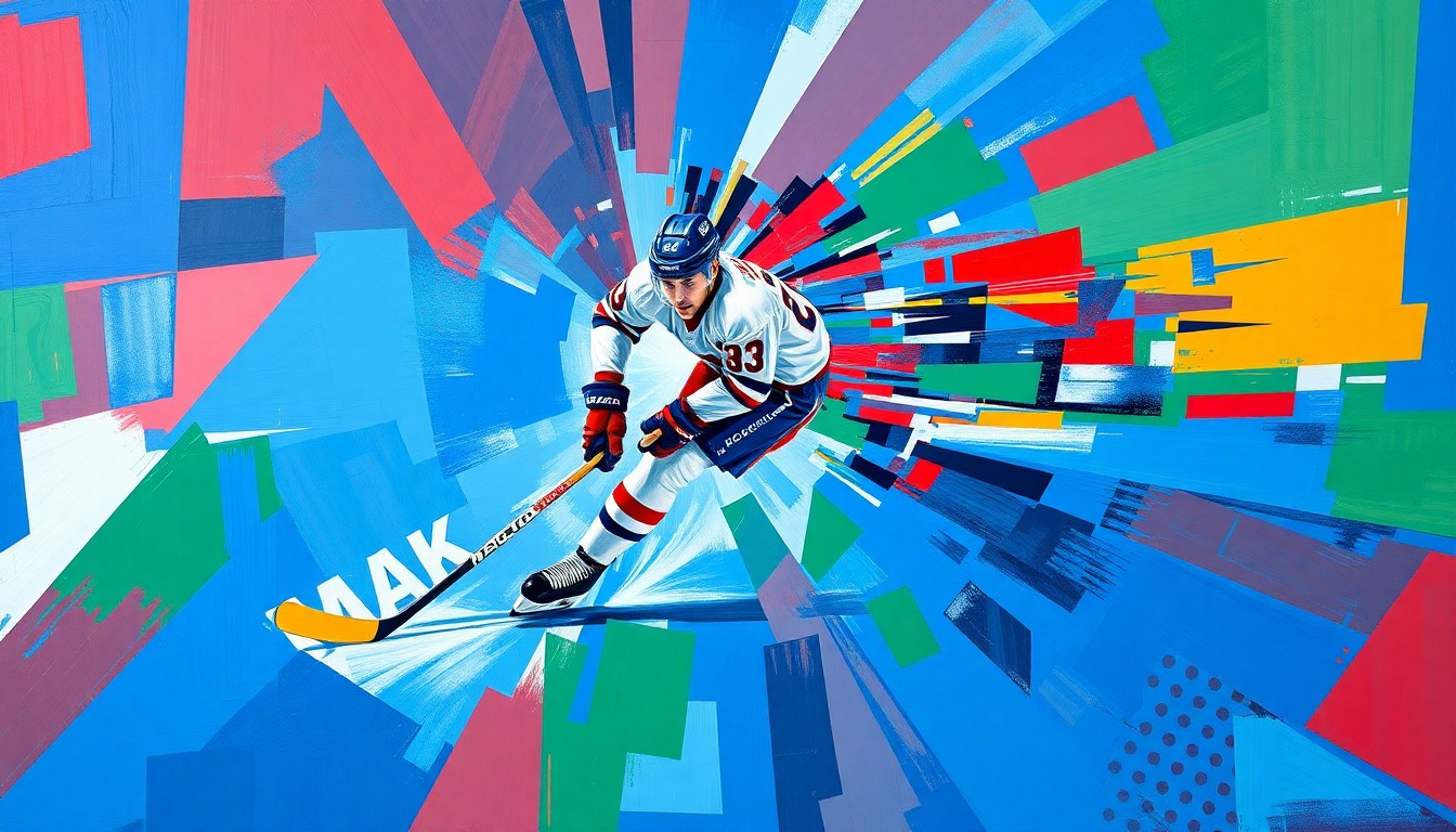 A fractured, multi-perspective painting depicting the dynamic movements and skills of hockey player Macklin Celebrini, broken down into sharp, overlapping geometric shapes and planes in a vibrant color palette.