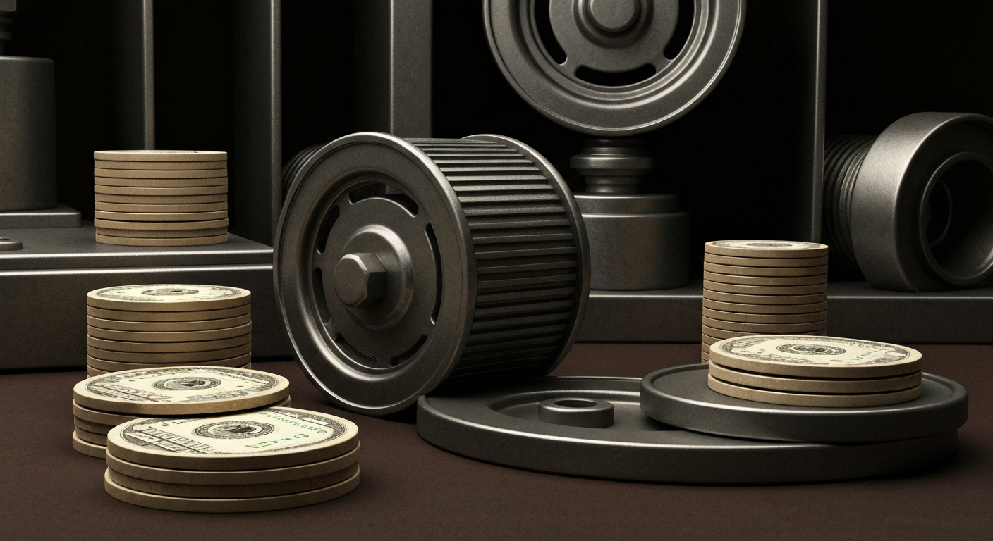 A highly detailed, black-and-white macro photograph of the intricate gears, levers, and mechanisms of a large banking machine, conveying a sense of the hidden financial infrastructure that powers global investment.
