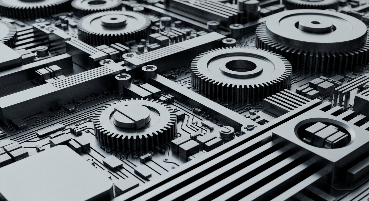 An extreme close-up of the complex, interlocking metal components and circuits that make up a high-performance computer processor, conveying a sense of industrial power and technological sophistication.