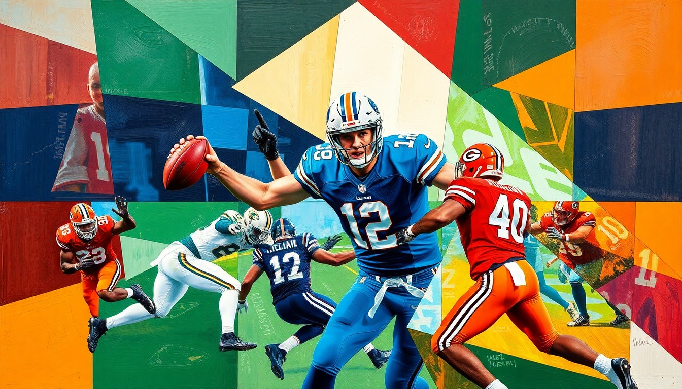 A fractured, cubist-style painting depicting a football quarterback in motion, with the player's form broken down into sharp, overlapping geometric shapes in a vibrant color palette.