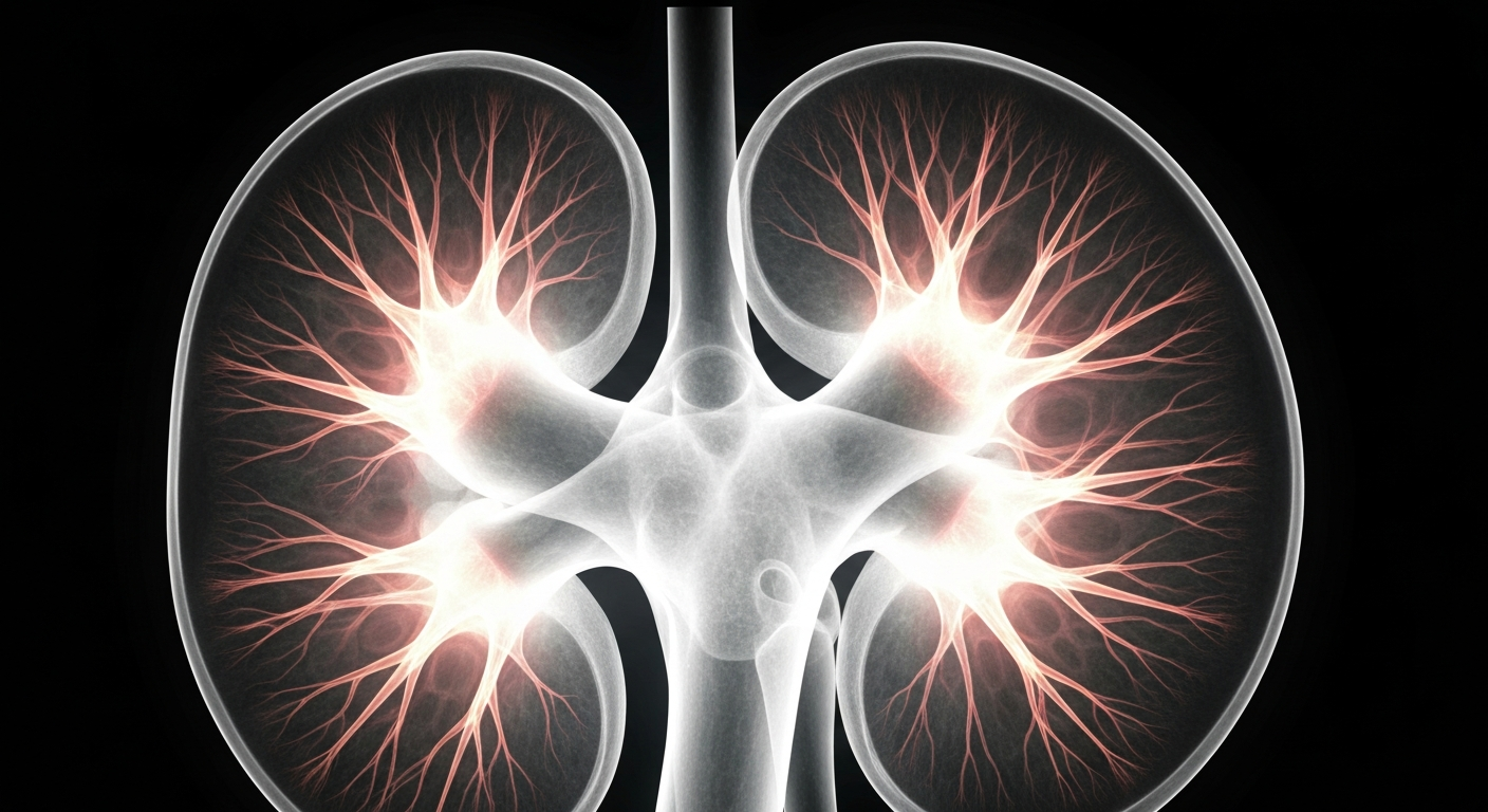 A highly detailed, translucent X-ray style photograph revealing the intricate internal structure of a kidney, with a glowing network of veins and capillaries, conceptually representing the complex biology of renal cell carcinoma and the potential for targeted therapies to disrupt these pathways.