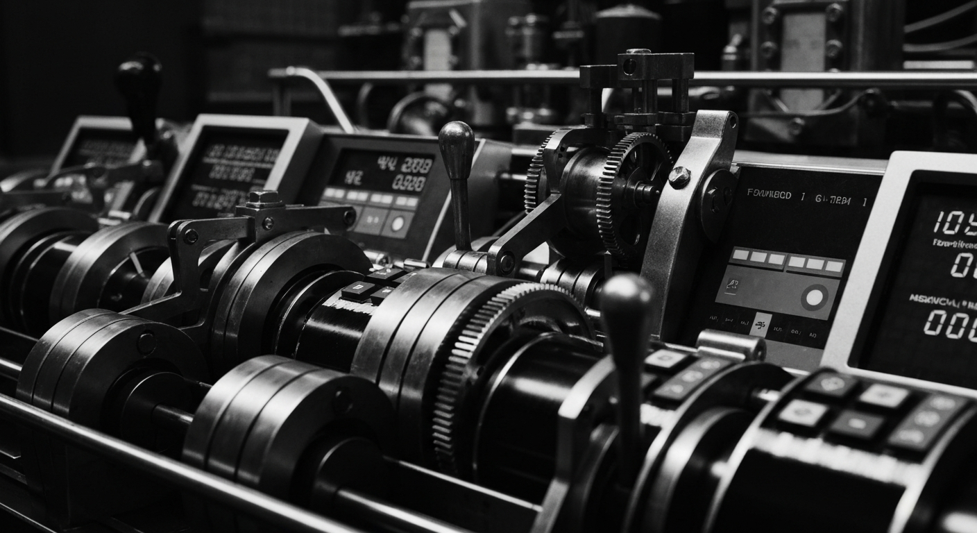 A high-contrast, cinematic close-up of the intricate mechanical and digital components that power the banking operations of Commercial National Financial, conveying a sense of the complex financial infrastructure that enables the regional bank to serve its community.