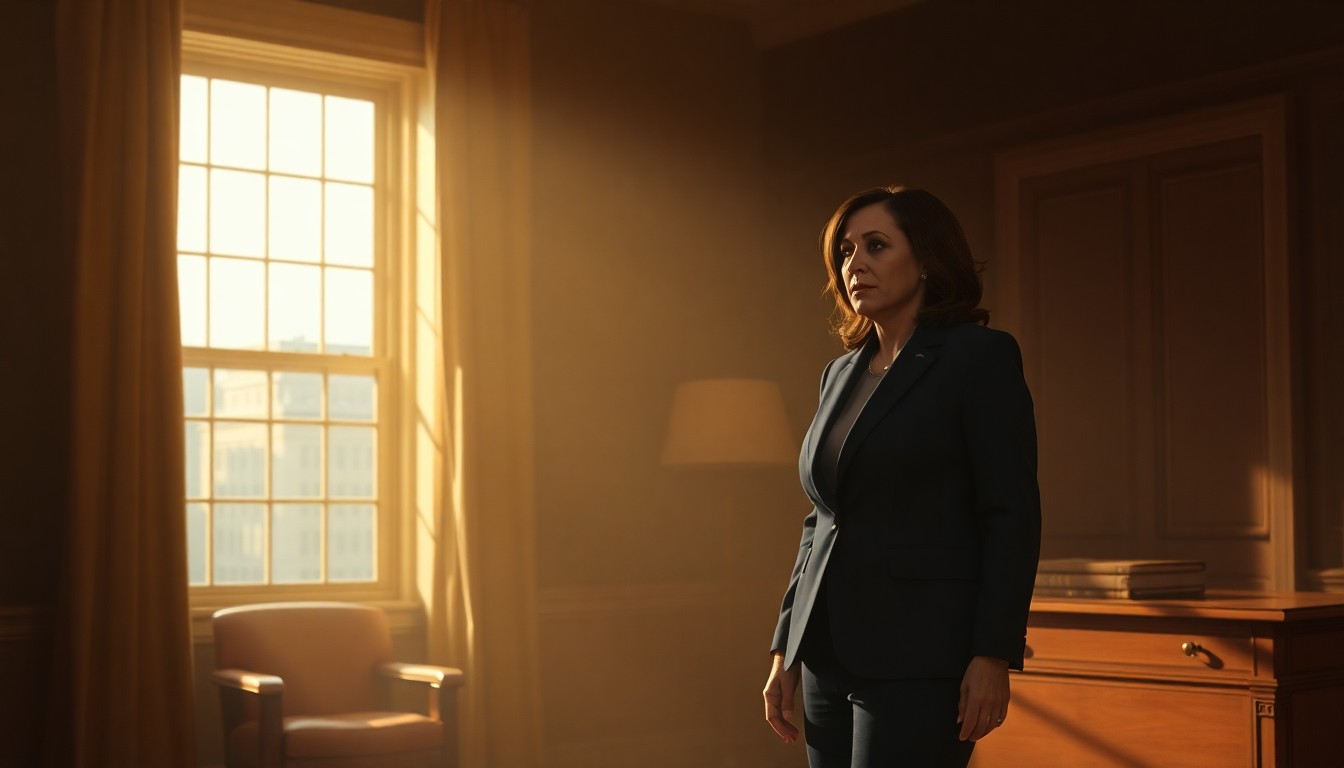 A cinematic painting depicting Kamala Harris standing alone in a dimly lit political office, with warm, diagonal sunlight and deep shadows creating a contemplative, nostalgic mood.