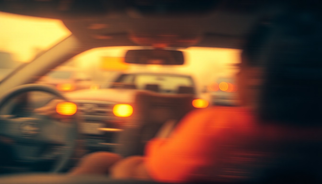 An abstract, impressionistic scene of blurred, warm-toned shapes and colors representing drivers in their vehicles, conveying the hazy, unfocused nature of distracted driving.