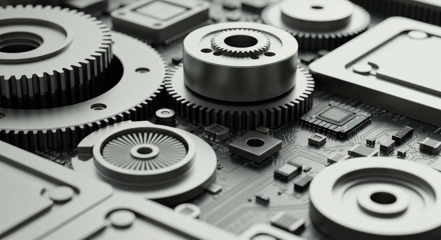 An extreme close-up of intricate, highly engineered technology components in muted metallic tones, conceptually representing the power and precision of Qnity's products.