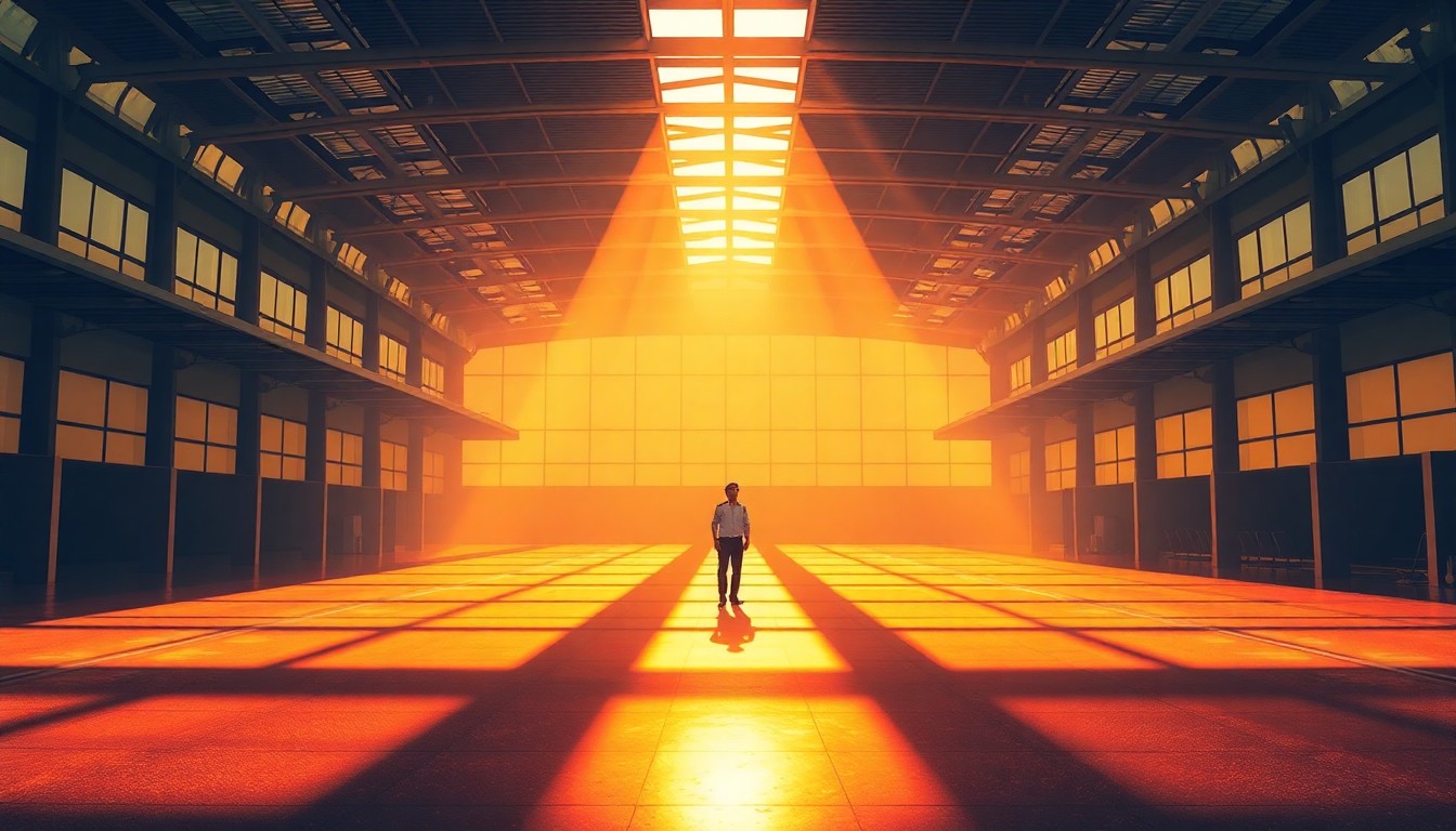 A cinematic painting of an empty airport terminal with warm, diagonal sunlight and deep shadows, with a single pilot standing alone in the middle of the space, conceptually illustrating the legal battle over the airport renaming costs.