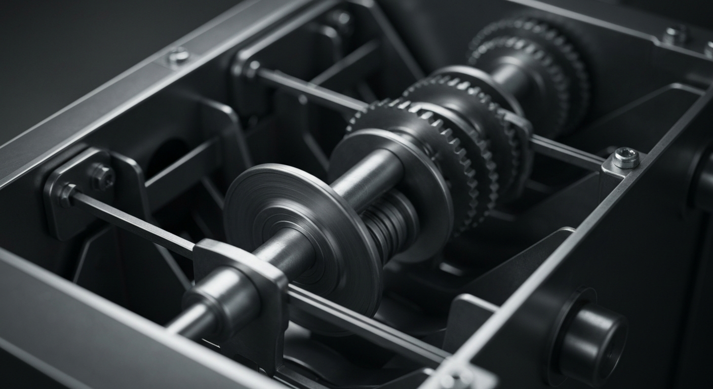 An extreme close-up of the intricate gears and mechanisms of a coin sorting machine, representing the complex inner workings of the financial system.