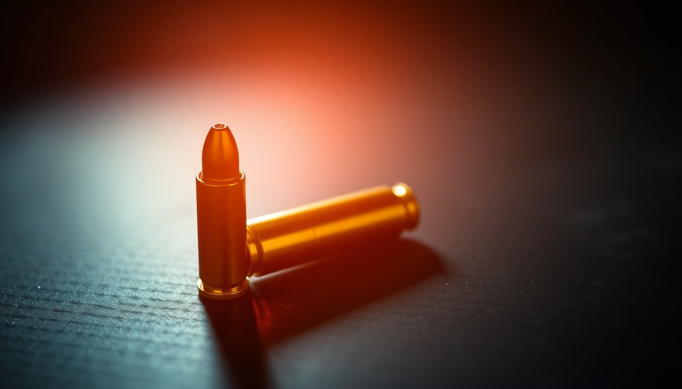 An extreme close-up photograph of a single bullet casing on a dark surface, lit by a harsh, direct camera flash, conceptually representing the grim aftermath of a domestic violence incident.