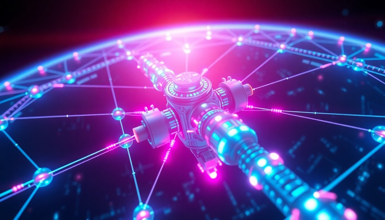 A highly detailed, glowing 3D illustration of a complex network of satellites in orbit, with neon blue and pink lights illuminating the intricate digital infrastructure, conceptually representing the need for a multinational alternative to Starlink.