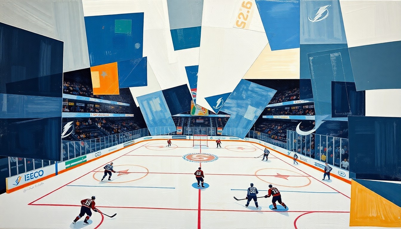 A cubist, geometric painting depicting a hockey game with overlapping planes of color and shape, representing the strategic battle between the Tampa Bay Lightning and Montreal Canadiens in the NHL playoffs.