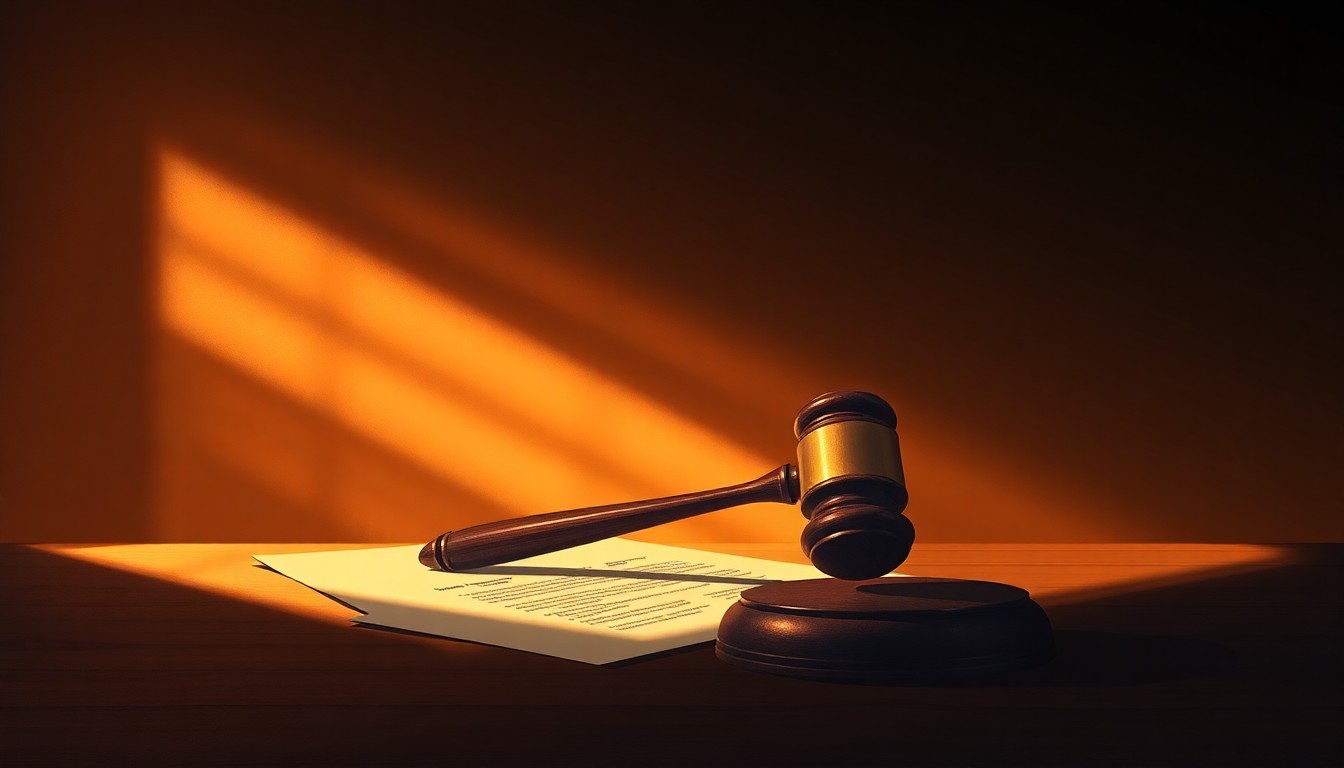 A serene, cinematic painting depicting a lone legal document or gavel bathed in warm, dramatic lighting, conveying the financial strain and melancholy surrounding Trump's legal troubles.