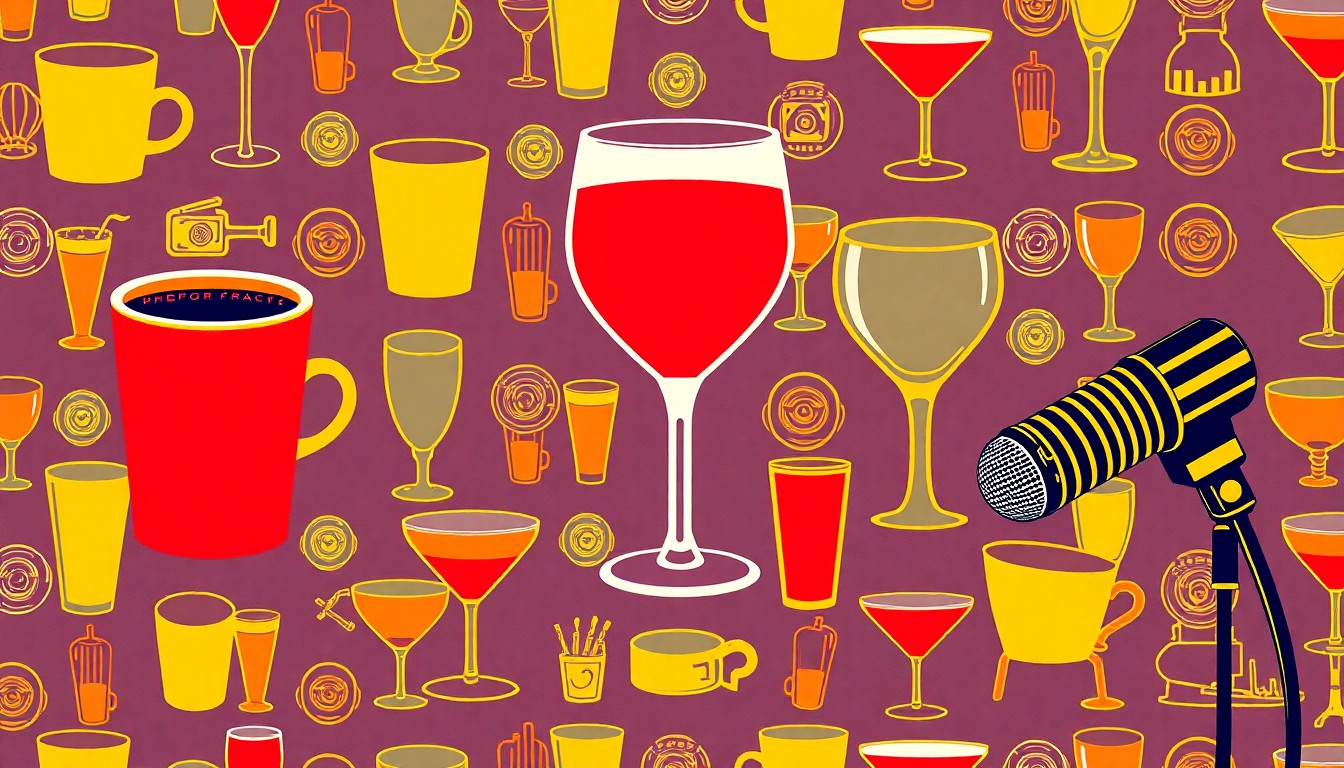 A vibrant, high-contrast silkscreen print featuring a repeating grid of coffee cups, cocktail glasses, and microphones in a bold color palette, conceptually representing the diverse array of celebrity-frequented establishments in Nashville.