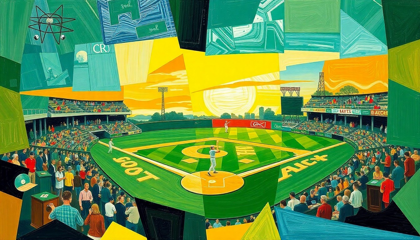A cubist, geometric painting depicting a fragmented softball game, with overlapping planes of color and form representing the dynamic action of the sport.