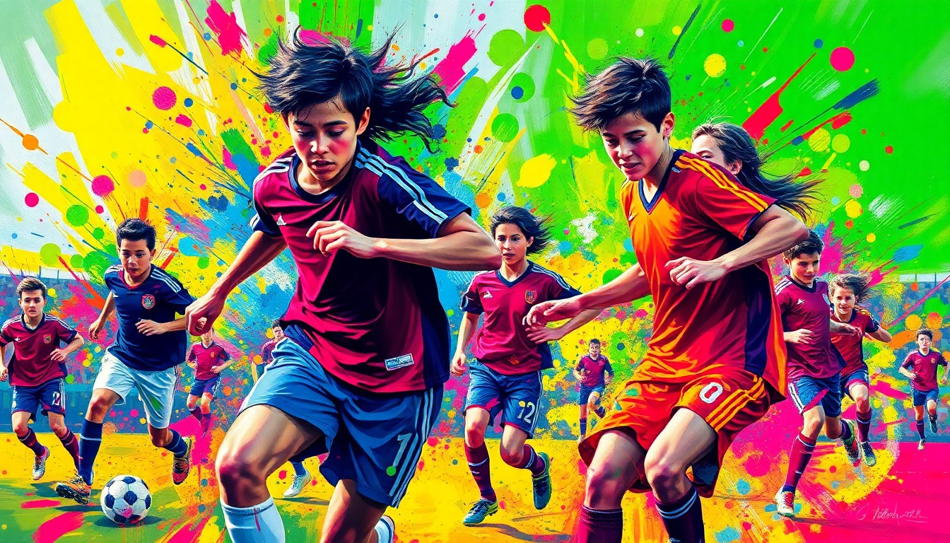 An abstract expressionist painting in vibrant neon colors, with rapid brushstrokes capturing the dynamic movement and energy of a high school soccer match.