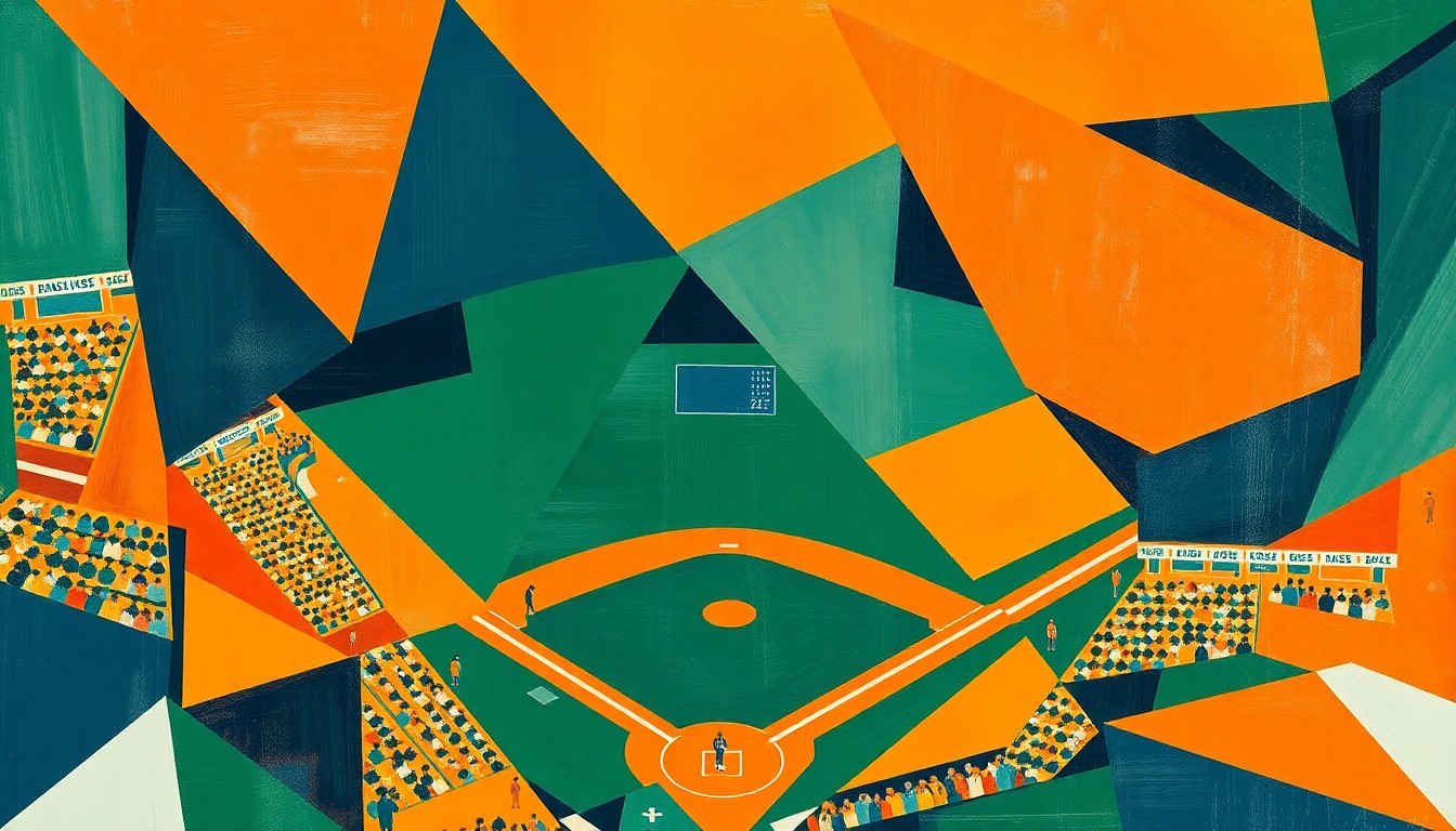 A cubist, geometric painting depicting a baseball game, with overlapping shapes and planes of bright orange, navy blue, and forest green, capturing the dynamic energy and shifting momentum of the game.