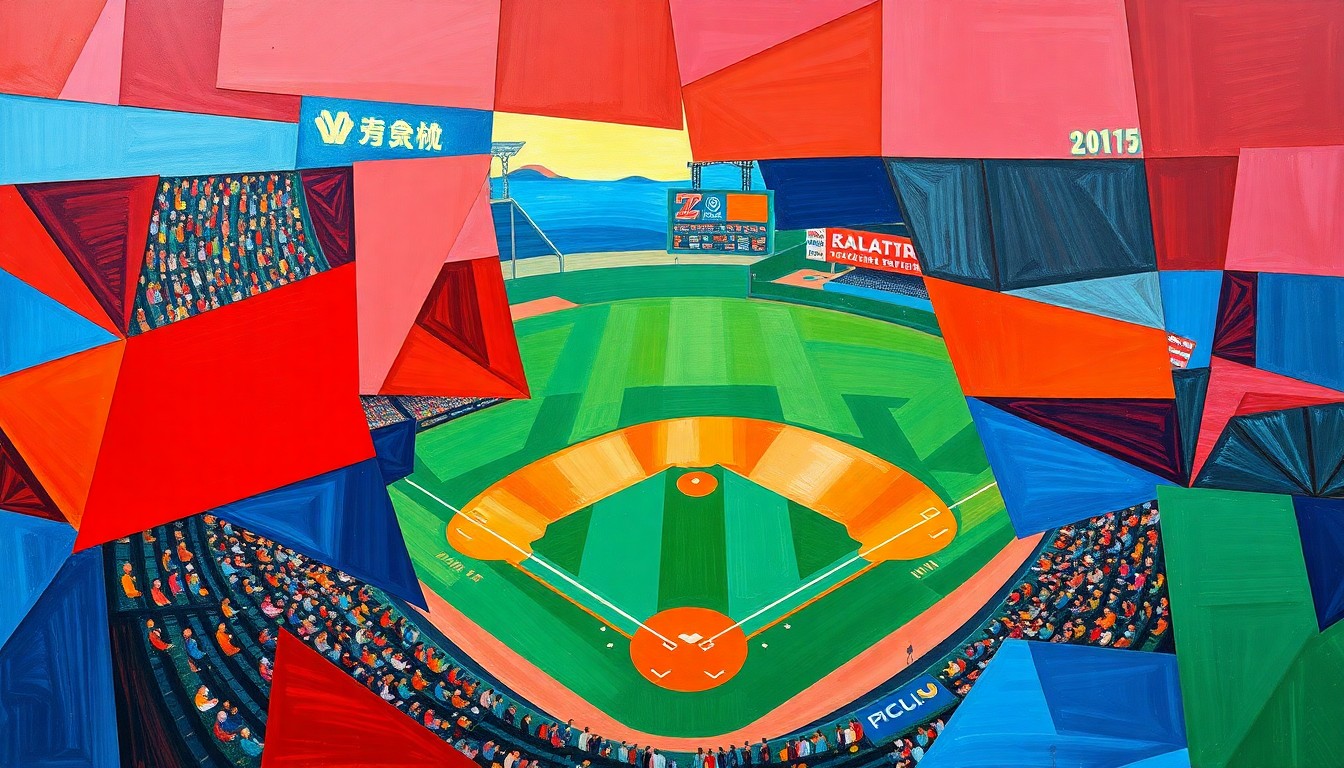 A cubist, geometric painting depicting a baseball game from multiple angles, with the players and field fragmented into sharp, overlapping planes of color.