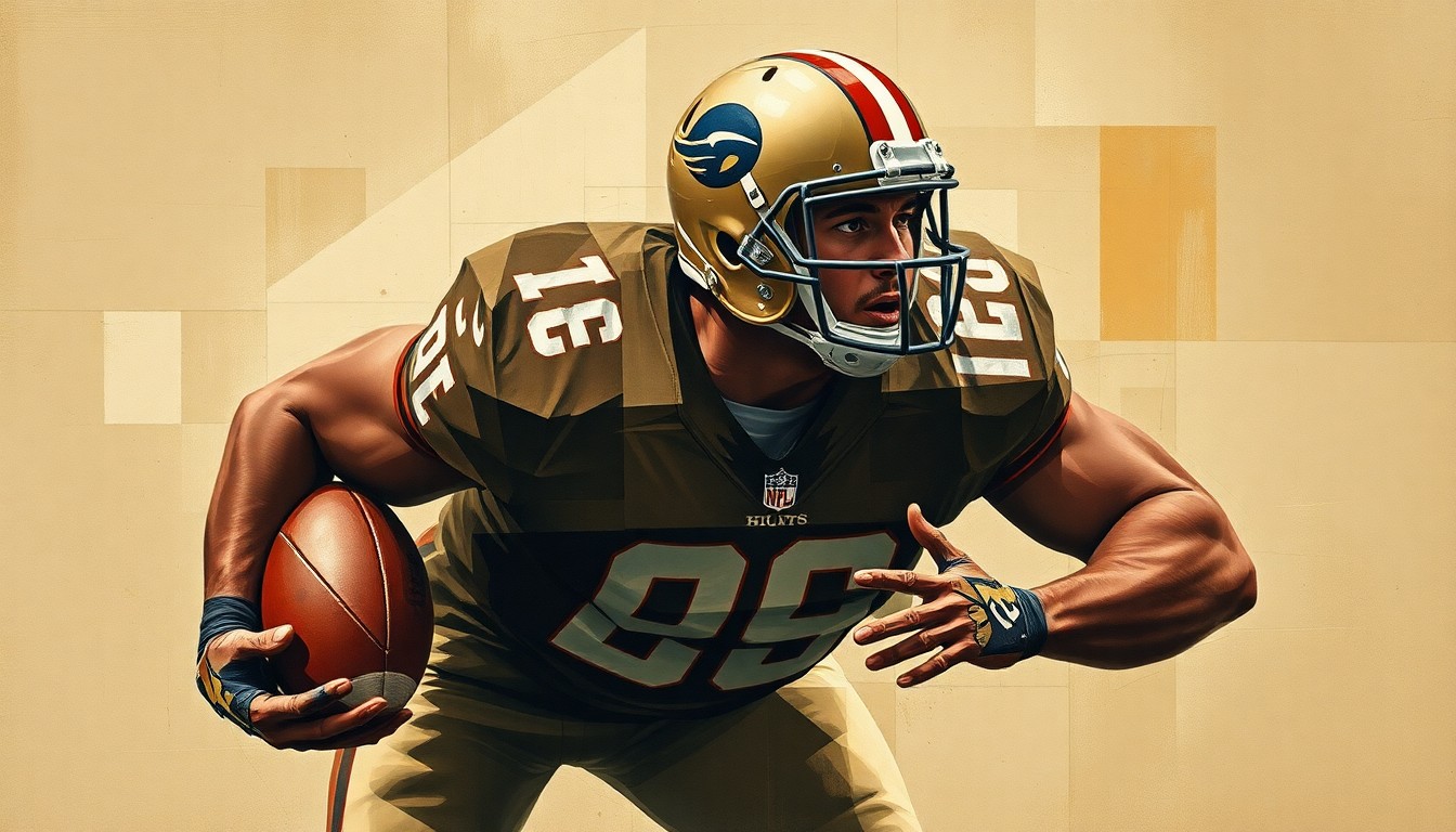 A cubist, geometric painting depicting a football offensive lineman in action, with sharp, overlapping planes in muted earth tones conveying the physical demands and uncertainty of the position.