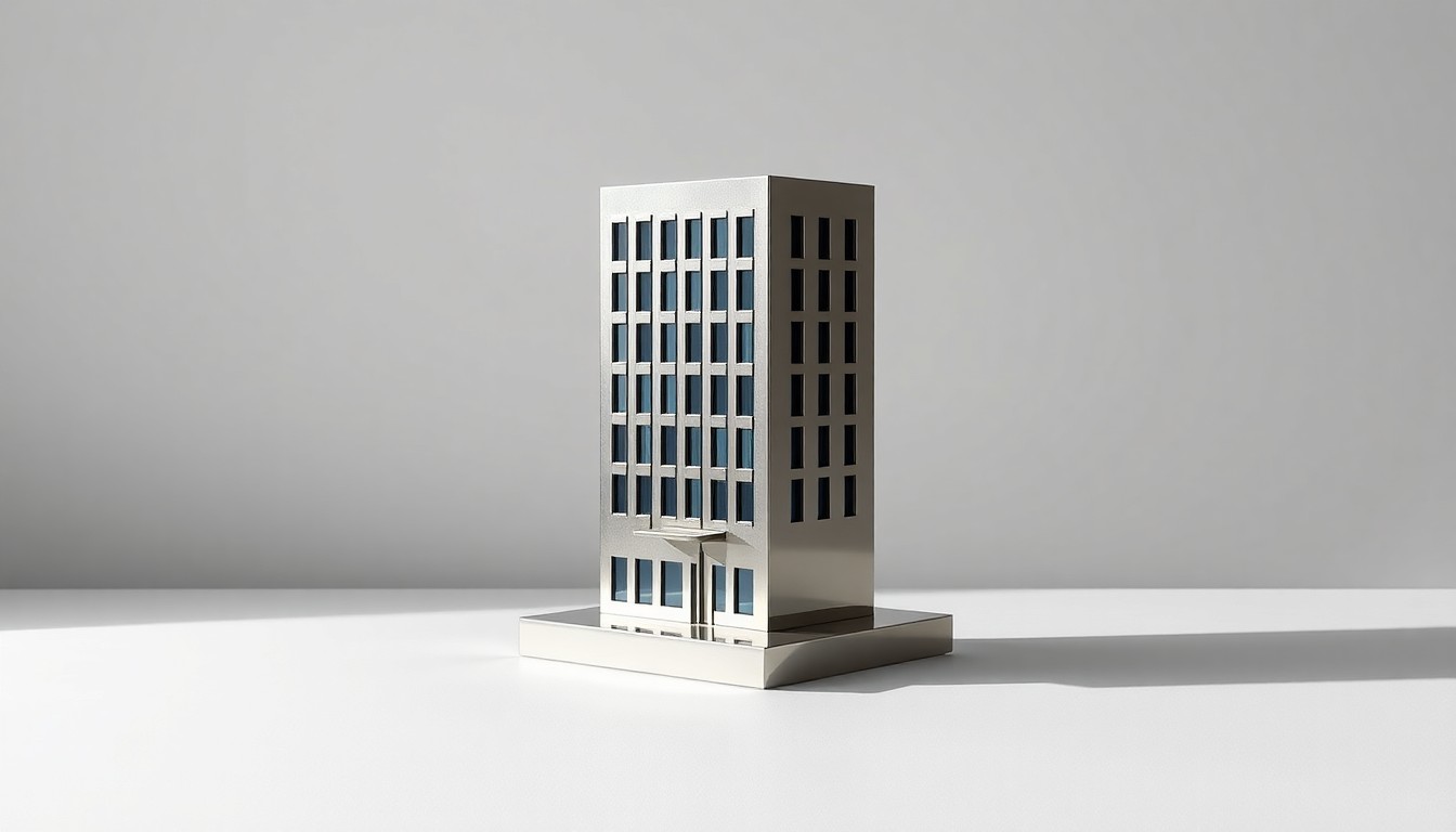 A high-end, photorealistic studio still-life photograph featuring a polished, geometric metal sculpture in the shape of a hotel building, placed on a clean, monochromatic background and dramatically lit to represent the iconic status of the property.