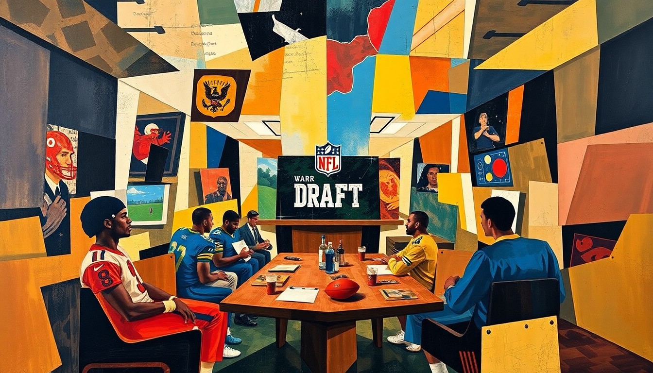 A cubist, geometric painting depicting an abstract NFL draft war room scene, with fragmented shapes and forms representing the key players and prospects mentioned in the story, conveying the chaotic and unpredictable nature of the upcoming draft.