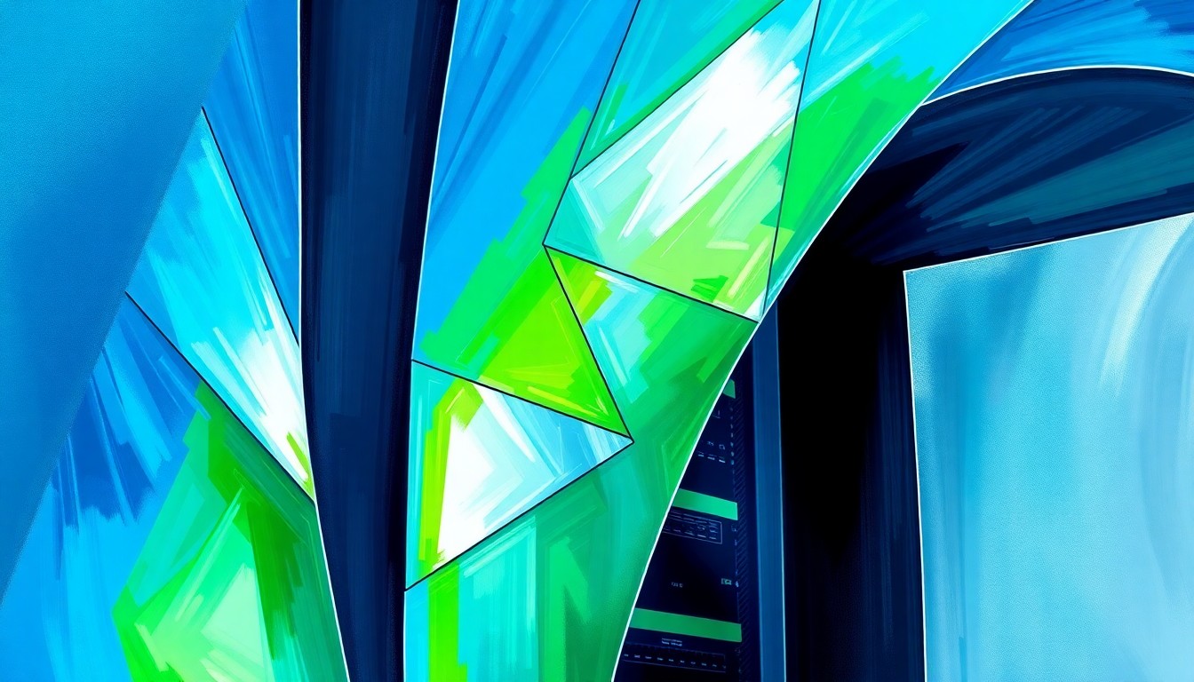 A vibrant, abstract painting depicting a data server tower in overlapping, fragmented geometric shapes and bold, electric colors, conveying the dynamic and complex issues surrounding data center development.