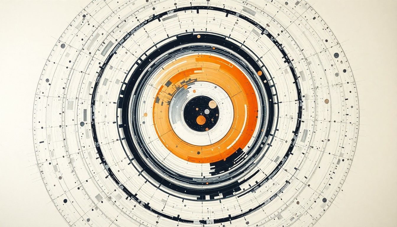 A bold, abstract painting in soft blues, greens, and oranges depicting sweeping geometric arcs, concentric circles, and precise spirals, conceptually representing the complex forces and concepts of the Artemis II lunar mission.