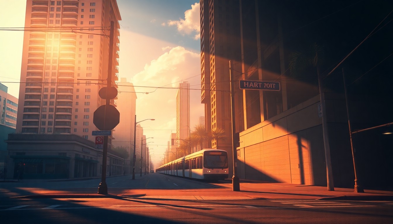 A serene, cinematic painting of an empty downtown Honolulu street corner, with a lone HART rail car in the distance, conveying the quiet drama of the eminent domain dispute.