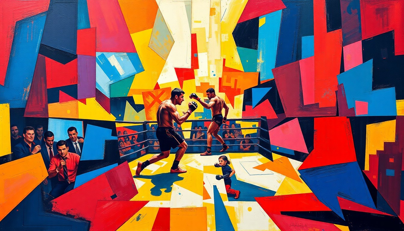 A cubist, geometric painting depicting the fragmented movements and energy of a mixed martial arts competition, with sharp planes of vivid red, blue, and yellow hues.