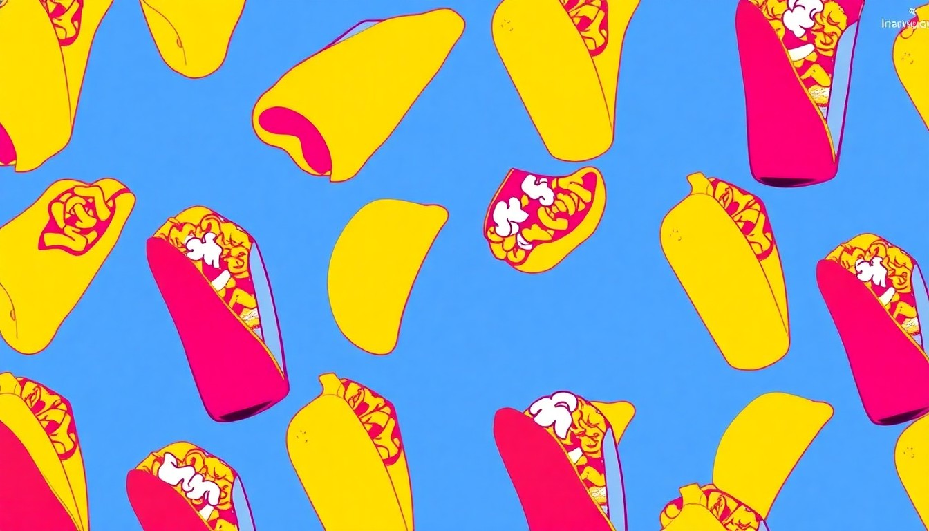 A vibrant, high-contrast silkscreen print featuring a repeating pattern of a single Greek food item, such as a gyro or tzatziki sauce, rendered in a bold, neon color palette that captures the festive spirit of the restaurant's grand opening celebration.