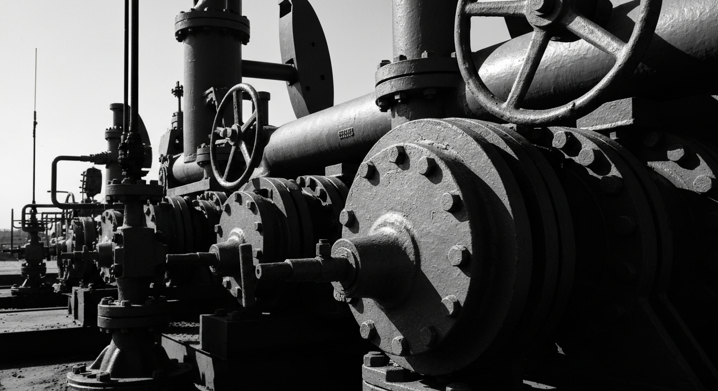 A high-contrast, black-and-white close-up image of industrial oil and gas equipment, such as pipes, valves, and pumps, conveying the physical, mechanical nature of the energy sector that underpins royalty trusts.