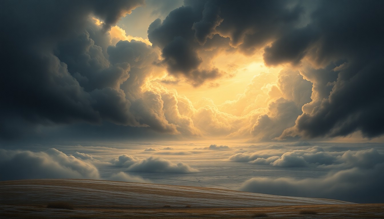 A sweeping, atmospheric landscape painting in muted tones of gray, blue, and white, capturing the ominous approach of a cold front over the Siouxland region, with heavy clouds obscuring the horizon and a sense of the overwhelming scale of the natural forces at play.