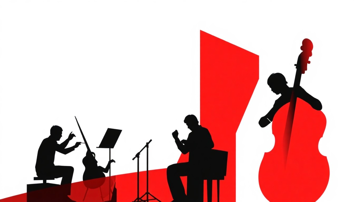 An abstract, minimalist illustration featuring bold, jagged shapes in contrasting colors, conceptually representing the energy and variety of a classical music festival.