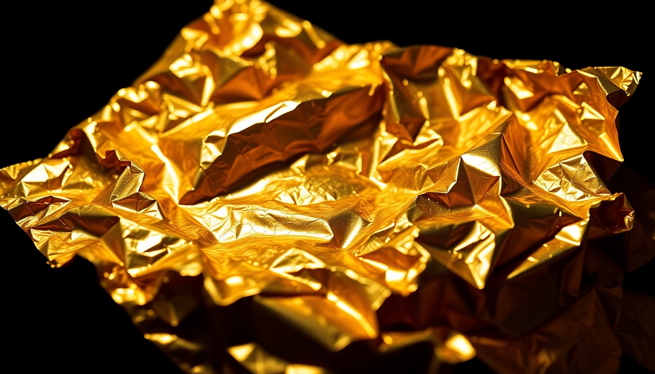 An extreme close-up of a crumpled, glittering sheet of gold foil, using dramatic studio lighting to create a high-contrast, abstract image that conceptually represents the glamour and legacy of country music songwriting.