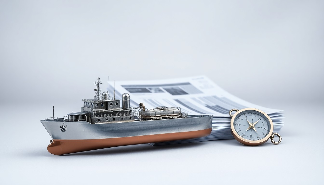 A minimalist studio still life featuring a polished metal tanker model, a stack of financial reports, and a compass, symbolizing Hafnia's financial strength, operational expertise, and commitment to sustainability.