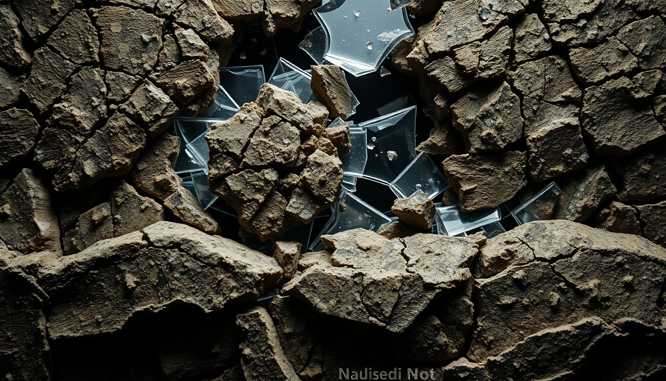 An extreme close-up of shattered glass and cracked, weathered stone textures in high-contrast studio lighting, evoking the ancient, eldritch horror of a mummy's curse.