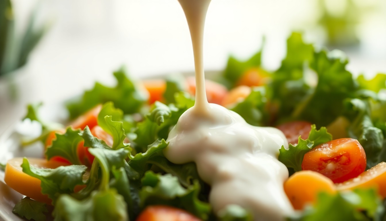 An extremely abstracted, out-of-focus photograph of ranch dressing being poured over a salad, creating soft pools of warm color and light that capture the mood of this beloved condiment's rise to prominence.