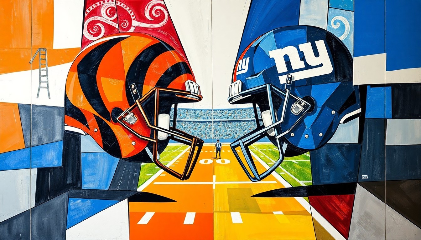 A fragmented, geometric painting depicting a football game or match between the Cincinnati Bengals and New York Giants, with the players and field broken down into sharp, overlapping planes of color and shape.
