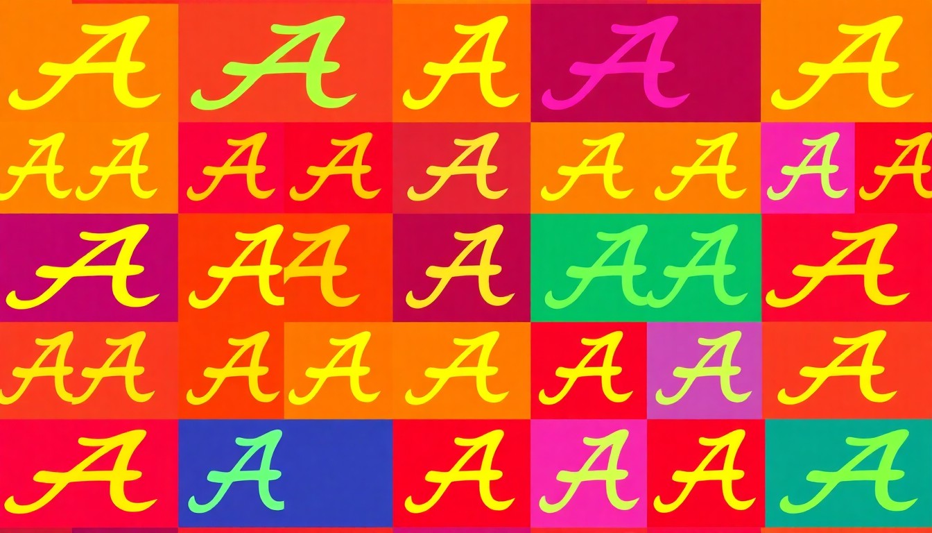 A high-contrast silkscreen print in neon pink, yellow, and blue hues, featuring a repeated graphic of an iconic Alabama Extension symbol or logo, rendered in a bold, pop art style.