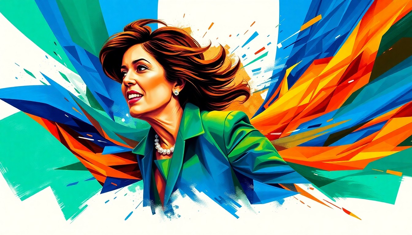 A vibrant, fractured painting of a figure in motion surrounded by overlapping geometric waves of color, conceptually representing the progressive energy and momentum behind Analilia Mejía's special election victory.