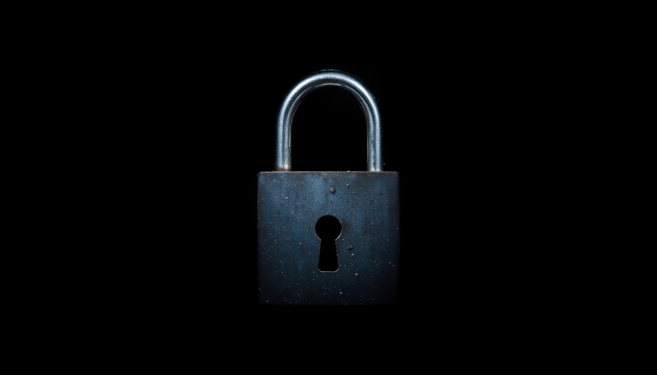 An extreme close-up photograph of a padlock against a pitch-black background, lit by a harsh, direct camera flash, creating a stark, gritty, investigative aesthetic that conceptually represents the security concerns and law enforcement response to a school threat.