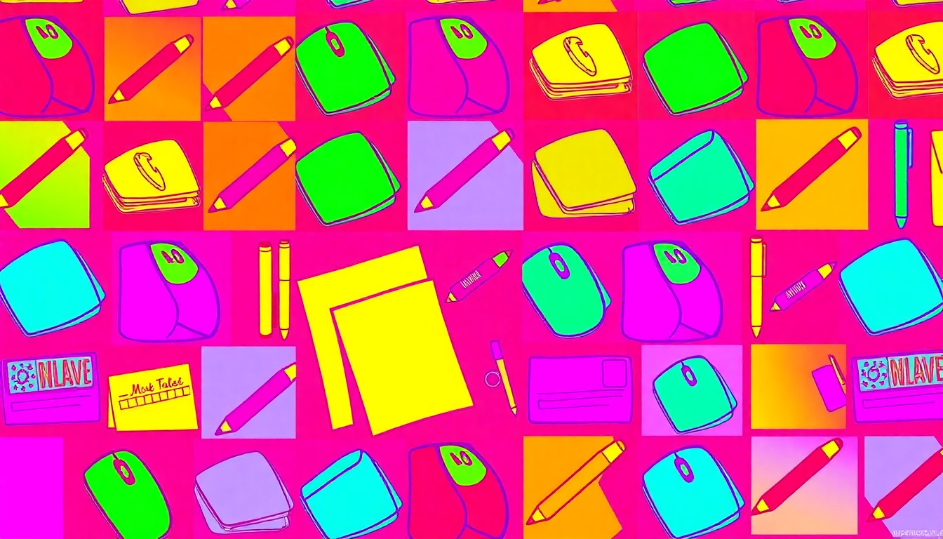 A high-contrast, silkscreen-style illustration featuring a grid of brightly colored office supplies, conceptually representing the transformative power of professional writing skills.