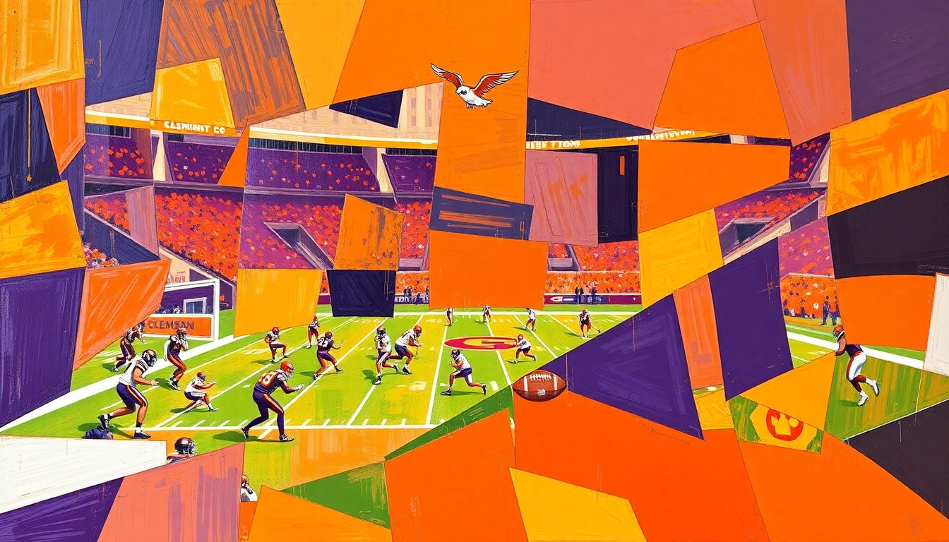 A cubist, geometric painting in Clemson's orange and purple colors, depicting fragmented and overlapping shapes that represent the dynamic action and strategy of a college football game.