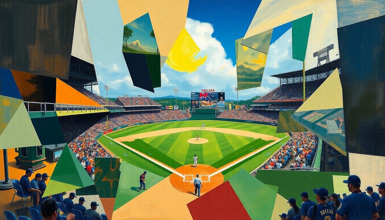 A fragmented, geometric painting in the style of Pablo Picasso, depicting the motion and intensity of a high school baseball game through overlapping shapes and planes of color.