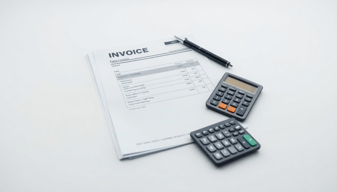 A minimalist, photorealistic studio still life featuring a stack of construction invoices, a pen, and a calculator arranged on a clean, monochromatic background, conceptually representing the abstract challenges of construction cash flow and project financing.
