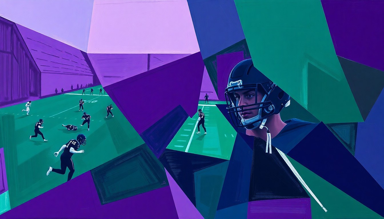 A cubist-style painting depicting a fragmented, geometric scene of football players engaged in a practice drill, with sharp planes of deep purple, navy blue, and forest green colors conveying the physical demands and risks of the sport.