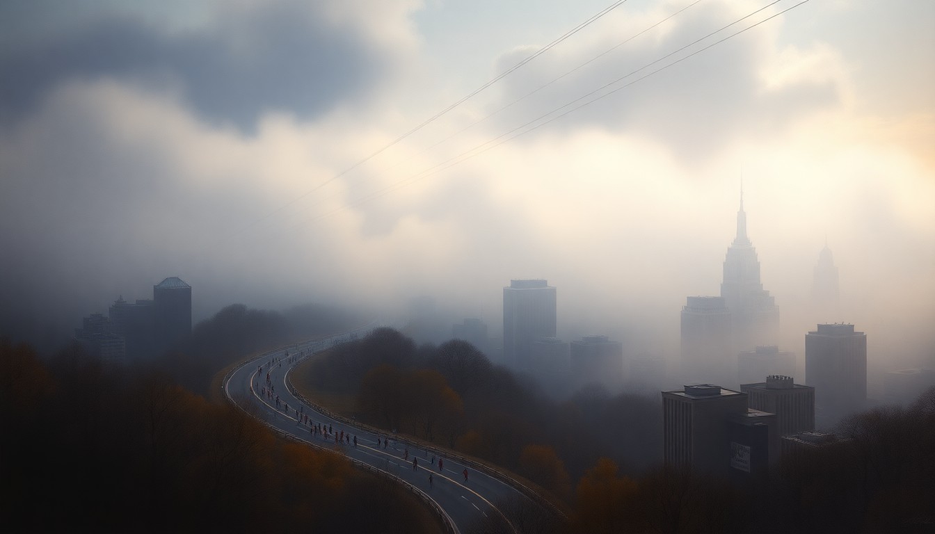 A sweeping, majestic landscape painting in muted tones of gray, blue, and green, depicting the Boston Marathon course winding through a foggy cityscape, with the runners dwarfed by the overwhelming scale of the natural elements.