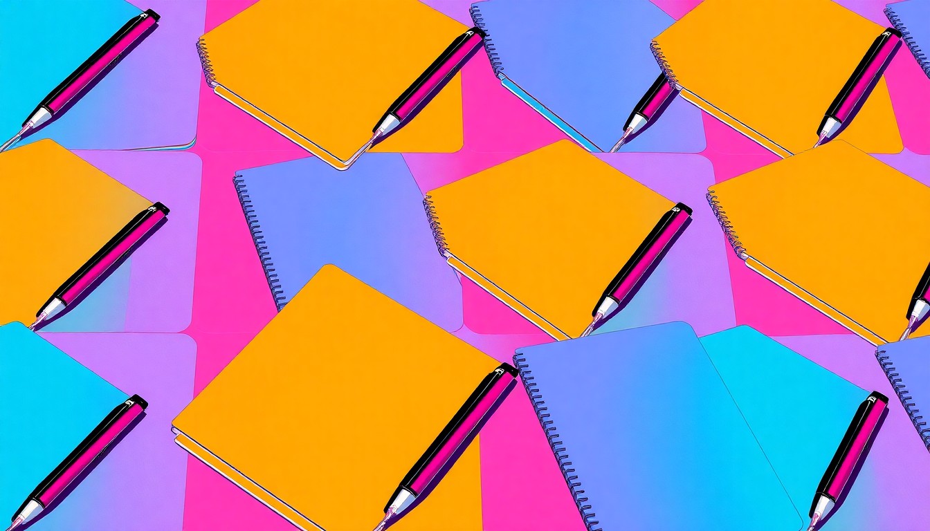 A vibrant, high-contrast silkscreen print featuring a repeating pattern of a journalist's notebook and pen in bold, neon colors, conceptually representing the energy and creativity of the news industry.